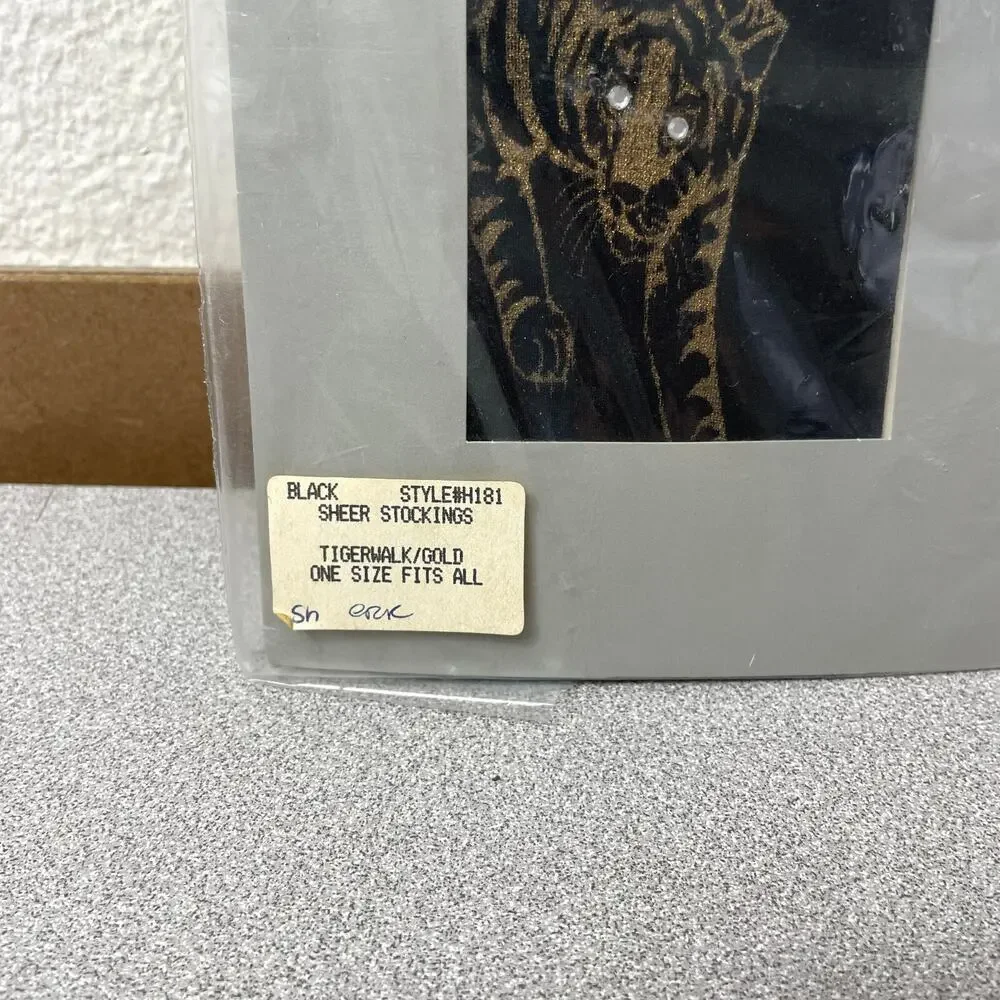 Vtg Avenue by Leg Fashions Tigerwalk Nylons Black Gold Embellished Sheer NOS 80s